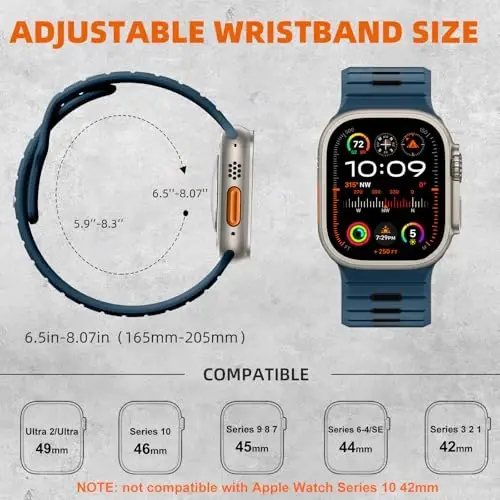 Odbeai Sport Band Apple Watch Ultra 2/Ultra/Ultra 3 bilan mos keladi, Apple Watch Bands for Men 49mm 46mm 45mm 44mm 42mm bilan mos keladi, iWatch All Series SE 11 10 9-1 uchun suv o'tkazmaydigan silikon tasma - 5