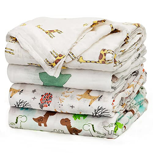 Одеяло для новорожденных Upsimples Unisex Swaddle Wrap Мягкое шелковистое муслиновое одеяло для новорожденных Нейтральное одеяло для новорожденных для мальчиков и девочек, 47 x 47 дюймов, набор из 4 - Лиса/Слон/Жираф/Динозавр - 1