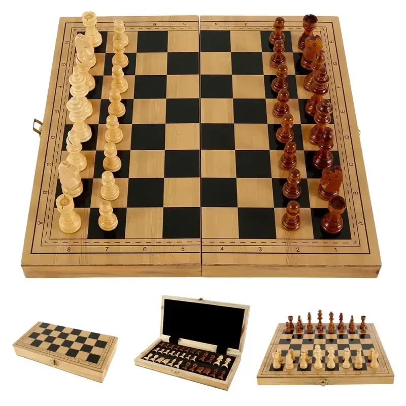 ODOMY Upgraded Chess Folding Wooden Chess Set with Storage Slots - RZVNMKO
