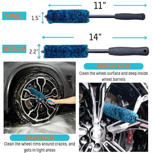 oesee 7PCS Car Wheel Rims Detail Cleaning PRO Wash Kit, Wheel Wash Mitt, Tire Brush, 2PCS Soft Woolies Wheels Brush, Detailing Brush, and Tire Dressing Pads, Microfiber Dry Towel Scratch-Free Cleaning - 3
