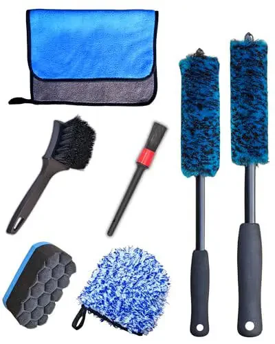 oesee 7PCS Car Wheel Rims Detail Cleaning PRO Wash Kit, Wheel Wash Mitt, Tire Brush, 2PCS Soft Woolies Wheels Brush, Detailing Brush, and Tire Dressing Pads, Microfiber Dry Towel Scratch-Free Cleaning - 1
