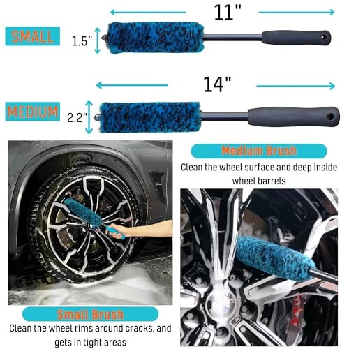 oesee 7PCS Car Wheel Rims Detail Cleaning PRO Wash Kit, Wheel Wash Mitt, Tire Brush, 2PCS Soft Woolies Wheels Brush, Detailing Brush, and Tire Dressing Pads, Microfiber Dry Towel Scratch-Free Cleaning - 3