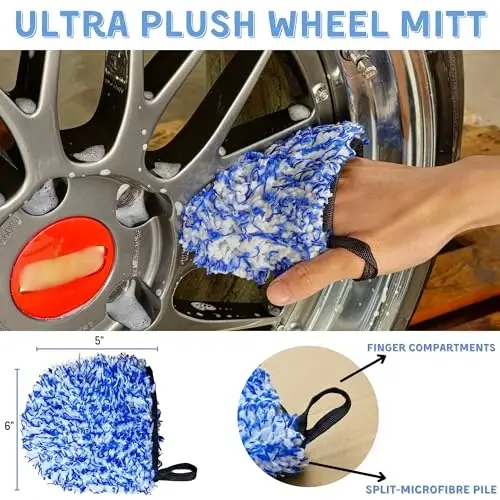 oesee 7PCS Car Wheel Rims Detail Cleaning PRO Wash Kit, Wheel Wash Mitt, Tire Brush, 2PCS Soft Woolies Wheels Brush, Detailing Brush, and Tire Dressing Pads, Microfiber Dry Towel Scratch-Free Cleaning - OESEE (1)