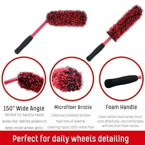 oesee Metal Free Microfiber Wheel Brush Kit- Microfiber Angled Wheel Brush, Long Handle Wheel Brush, Tire& Detailing Brush, Wheel Wash Mitt. Hands-On Wheel Detailing Kit for Daily Wheel Cleaning - 6