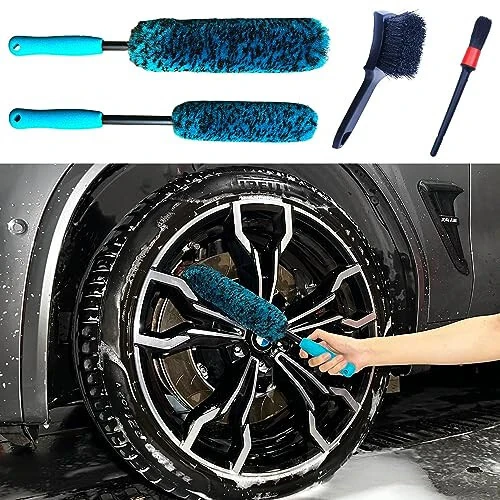 oesee PRO Choice 4 Pack Long Handle Wheel Brush Kit for Cleaning Wheel and Tire- 2X Soft Wheel Cleaning Brush, Detailing Brush and Stiff Tire Brush - oesee (1)