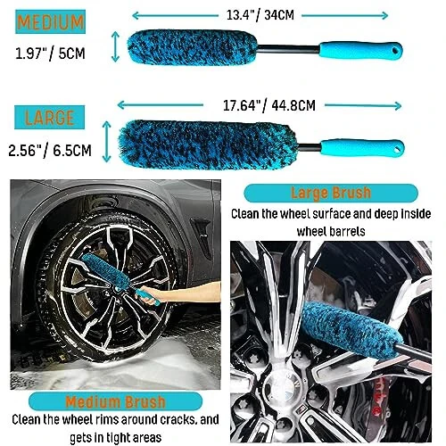 oesee PRO Choice 4 Pack Long Handle Wheel Brush Kit for Cleaning Wheel and Tire- 2X Soft Wheel Cleaning Brush, Detailing Brush and Stiff Tire Brush - 4