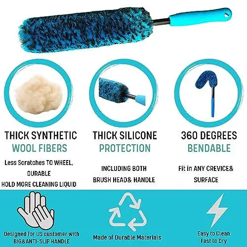 oesee PRO Choice 4 Pack Long Handle Wheel Brush Kit for Cleaning Wheel and Tire- 2X Soft Wheel Cleaning Brush, Detailing Brush and Stiff Tire Brush - 6