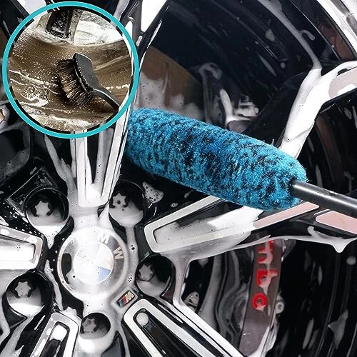 oesee PRO Choice 4 Pack Long Handle Wheel Brush Kit for Cleaning Wheel and Tire- 2X Soft Wheel Cleaning Brush, Detailing Brush and Stiff Tire Brush - 7