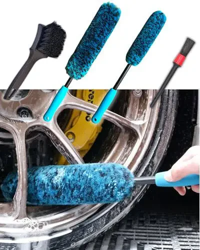 oesee PRO Choice 4 Pack Long Handle Wheel Brush Kit for Cleaning Wheel and Tire- 2X Soft Wheel Cleaning Brush, Detailing Brush and Stiff Tire Brush - 1