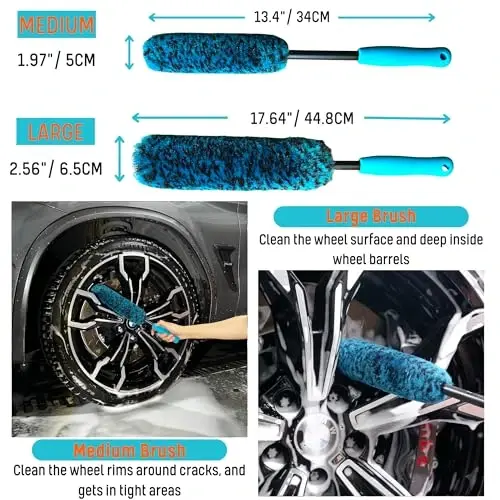 oesee PRO Choice 4 Pack Long Handle Wheel Brush Kit for Cleaning Wheel and Tire- 2X Soft Wheel Cleaning Brush, Detailing Brush and Stiff Tire Brush - 3