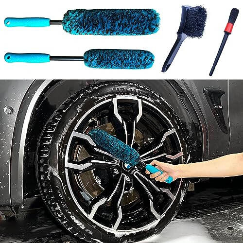 oesee PRO Choice 4 Pack Long Handle Wheel Brush Kit for Cleaning Wheel and Tire- 2X Soft Wheel Cleaning Brush, Detailing Brush and Stiff Tire Brush - 2