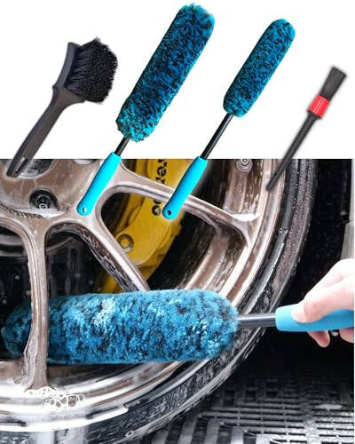 oesee PRO Choice 4 Pack Long Handle Wheel Brush Kit for Cleaning Wheel and Tire- 2X Soft Wheel Cleaning Brush, Detailing Brush and Stiff Tire Brush - 1