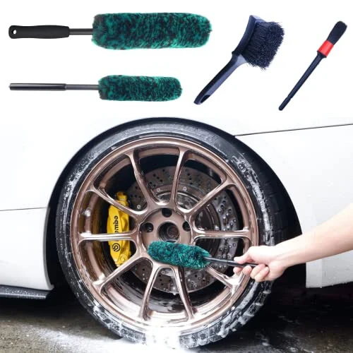 oesee Professional 4 Pack Long Handle Wheel Brush Kit for Cleaning Wheel and Tire- 2X Soft Wheel Cleaning Brush, Detailing Brush and Stiff Tire Brush, Bendable& Durable Wheel Rim Cleaner Brush Set - oesee (1)