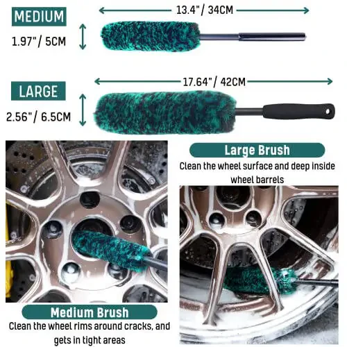 oesee Professional 4 Pack Long Handle Wheel Brush Kit for Cleaning Wheel and Tire- 2X Soft Wheel Cleaning Brush, Detailing Brush and Stiff Tire Brush, Bendable& Durable Wheel Rim Cleaner Brush Set - 4