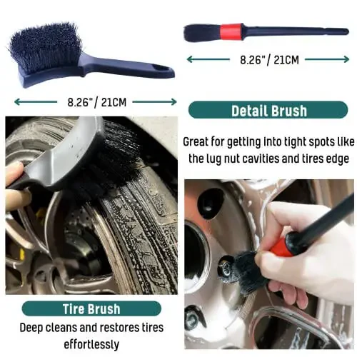 oesee Professional 4 Pack Long Handle Wheel Brush Kit for Cleaning Wheel and Tire- 2X Soft Wheel Cleaning Brush, Detailing Brush and Stiff Tire Brush, Bendable& Durable Wheel Rim Cleaner Brush Set - 5