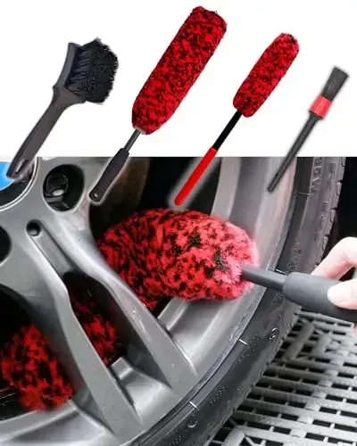 oesee Professional 4 Pack Long Handle Wheel Brush Kit for Cleaning Wheel and Tire- 2X Soft Wheel Cleaning Brush, Detailing Brush and Stiff Tire Brush, Bendable& Durable Wheel Rim Cleaner Brush Set - 1