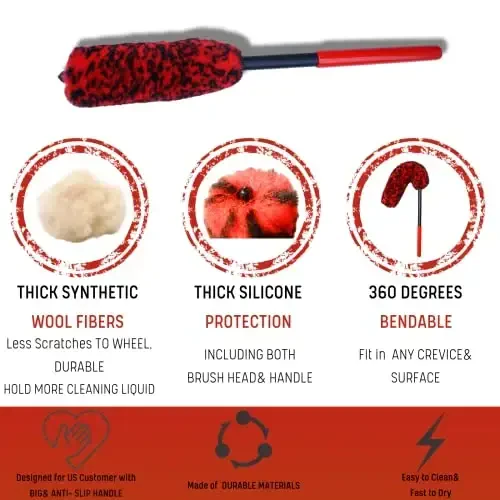oesee Professional 4 Pack Long Handle Wheel Brush Kit for Cleaning Wheel and Tire- 2X Soft Wheel Cleaning Brush, Detailing Brush and Stiff Tire Brush, Bendable& Durable Wheel Rim Cleaner Brush Set - 4