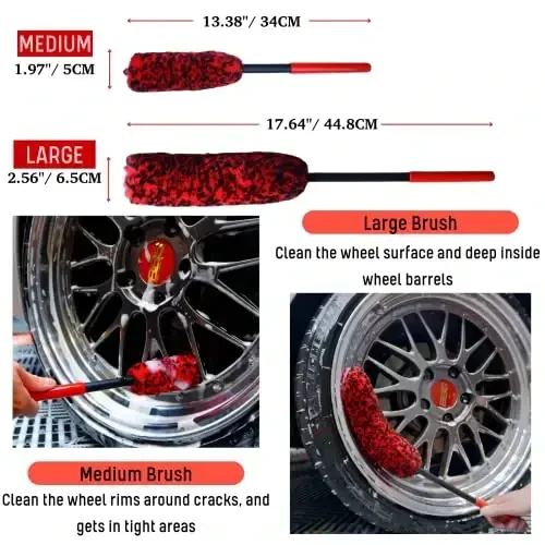 oesee Professional 4 Pack Long Handle Wheel Brush Kit for Cleaning Wheel and Tire- 2X Soft Wheel Cleaning Brush, Detailing Brush and Stiff Tire Brush, Bendable& Durable Wheel Rim Cleaner Brush Set - 5