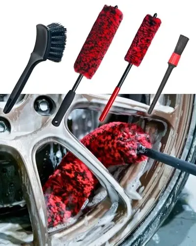 oesee Professional 4 Pack Long Handle Wheel Brush Kit for Cleaning Wheel and Tire- 2X Soft Wheel Cleaning Brush, Detailing Brush and Stiff Tire Brush, Bendable& Durable Wheel Rim Cleaner Brush Set 