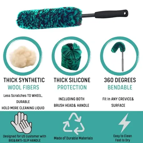 oesee Professional 4 Pack Long Handle Wheel Brush Kit for Cleaning Wheel and Tire- 2X Soft Wheel Cleaning Brush, Detailing Brush and Stiff Tire Brush, Bendable& Durable Wheel Rim Cleaner Brush Set - 4