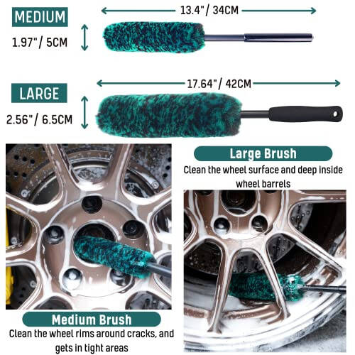 oesee Professional 4 Pack Long Handle Wheel Brush Kit for Cleaning Wheel and Tire- 2X Soft Wheel Cleaning Brush, Detailing Brush and Stiff Tire Brush, Bendable& Durable Wheel Rim Cleaner Brush Set - 4