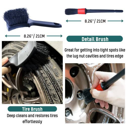 oesee Professional 4 Pack Long Handle Wheel Brush Kit for Cleaning Wheel and Tire- 2X Soft Wheel Cleaning Brush, Detailing Brush and Stiff Tire Brush, Bendable& Durable Wheel Rim Cleaner Brush Set - 5