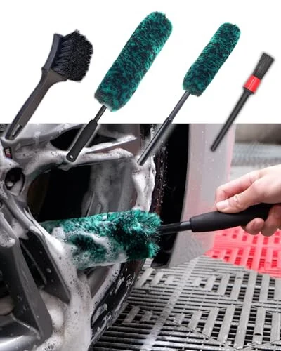 oesee Professional 4 Pack Long Handle Wheel Brush Kit for Cleaning Wheel and Tire- 2X Soft Wheel Cleaning Brush, Detailing Brush and Stiff Tire Brush, Bendable& Durable Wheel Rim Cleaner Brush Set 