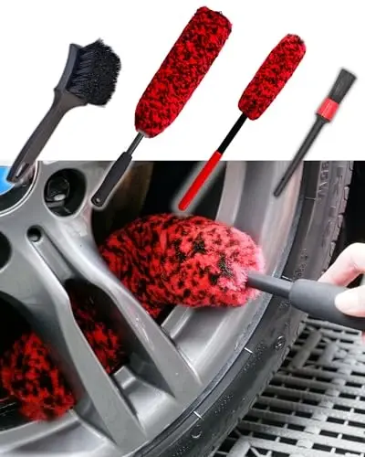 oesee Professional 4 Pack Long Handle Wheel Brush Kit for Cleaning Wheel and Tire- 2X Soft Wheel Cleaning Brush, Detailing Brush and Stiff Tire Brush, Bendable& Durable Wheel Rim Cleaner Brush Set - 1