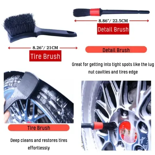 oesee Professional 4 Pack Long Handle Wheel Brush Kit for Cleaning Wheel and Tire- 2X Soft Wheel Cleaning Brush, Detailing Brush and Stiff Tire Brush, Bendable& Durable Wheel Rim Cleaner Brush Set - 6