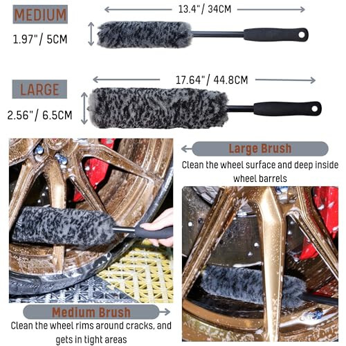 oesee Refined Long Handle Car Wheel Brush Arsenal, Soft Wheel and Rim Brush, Tire Brush, Bendable & Durable Car Wheel Rim Cleaner Brush Set for Cleaning Wheel and Tire - 3