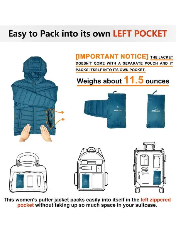 Off Road Ventures Ayollar uchun Yengil Puffer Kurtka Yig'iladigan Suv o'tkazmaydigan Kapushonli Qishki Paxtali Kurtka Sayohat Qor chang'isi uchun - 6