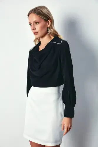 Off-Shoulder Beaded Relaxed Blouse - BLACK - SATEEN (1)