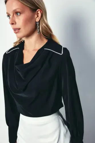 Off-Shoulder Beaded Relaxed Blouse - BLACK - 5