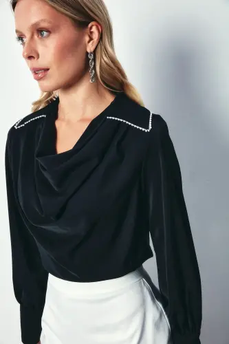 Off-Shoulder Beaded Relaxed Blouse - BLACK - 5