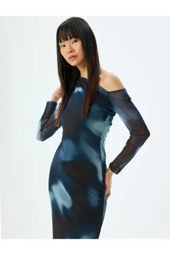 Off-Shoulder Draped Asymmetric Cut Midi Tulle Dress-Blue Patterned - KOTON (1)