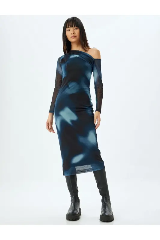 Off-Shoulder Draped Asymmetric Cut Midi Tulle Dress-Blue Patterned - 3