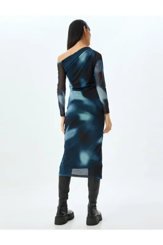 Off-Shoulder Draped Asymmetric Cut Midi Tulle Dress-Blue Patterned - 4