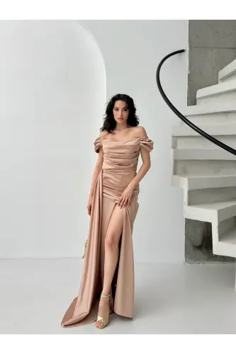 Off-Shoulder Draped Evening Dress-Beige - SERICA MODA (1)