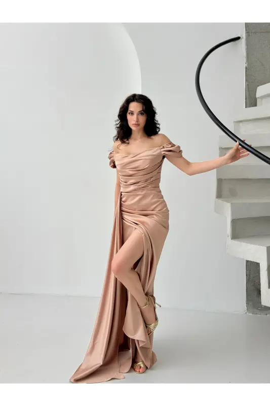 Off-Shoulder Draped Evening Dress-Beige - 3