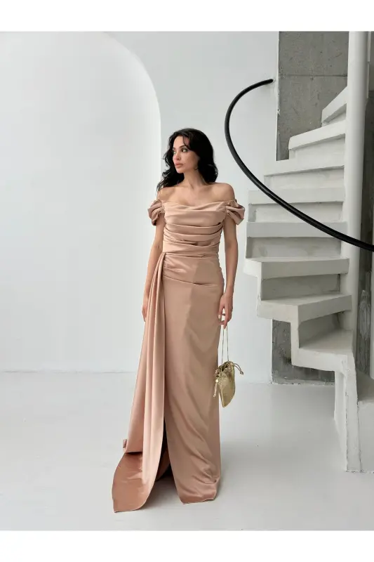 Off-Shoulder Draped Evening Dress-Beige - 4