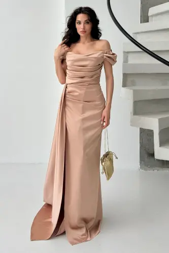 Off-Shoulder Draped Evening Dress-Beige 