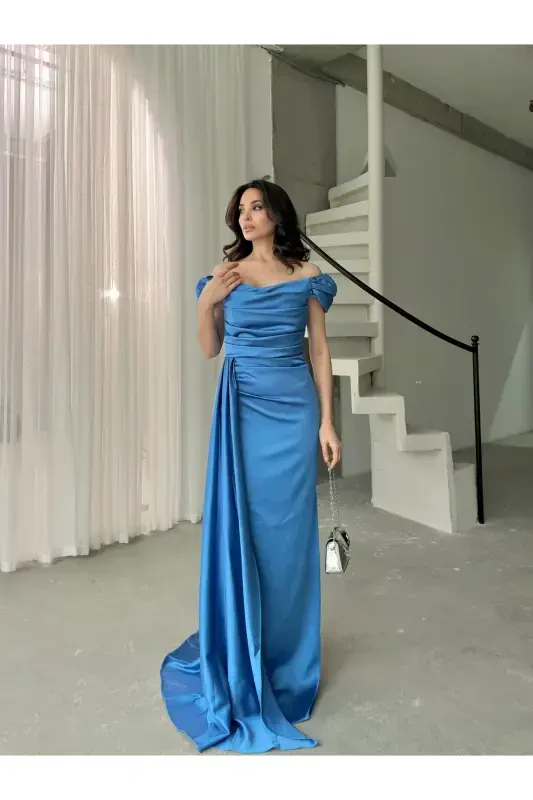 Off-Shoulder Draped Evening Dress-Blue - 2