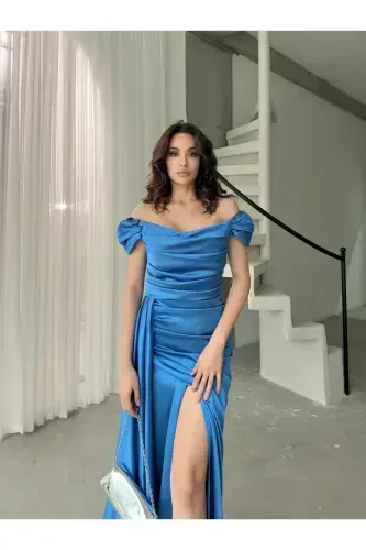 Off-Shoulder Draped Evening Dress-Blue - 3