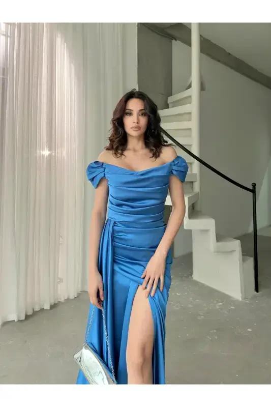 Off-Shoulder Draped Evening Dress-Blue - 3