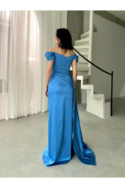 Off-Shoulder Draped Evening Dress-Blue - 5