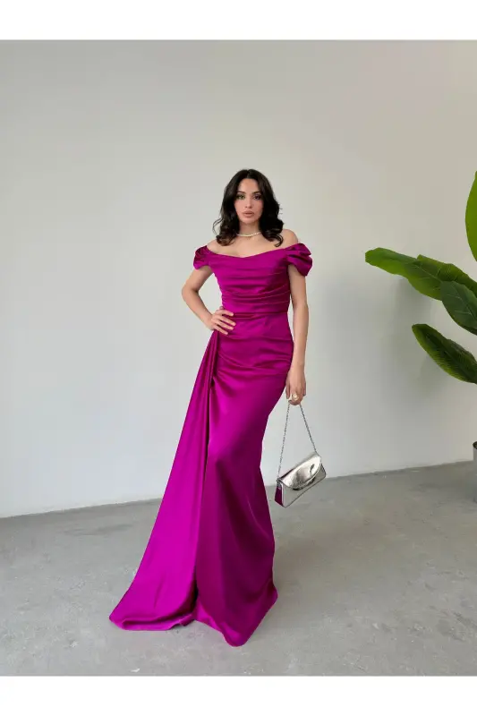Off-Shoulder Draped Evening Dress-Fuchsia - 4