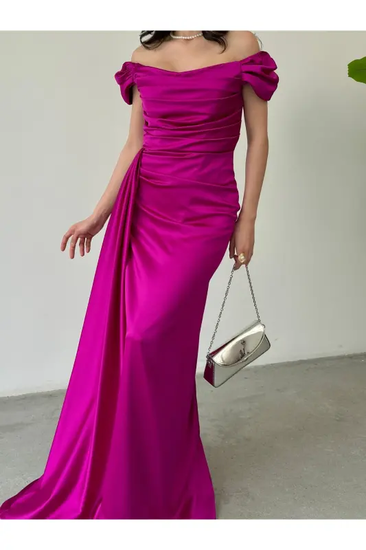 Off-Shoulder Draped Evening Dress-Fuchsia - 5