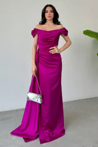 Off-Shoulder Draped Evening Dress-Fuchsia 