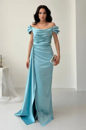 Off-Shoulder Draped Evening Dress-Light Turquoise 