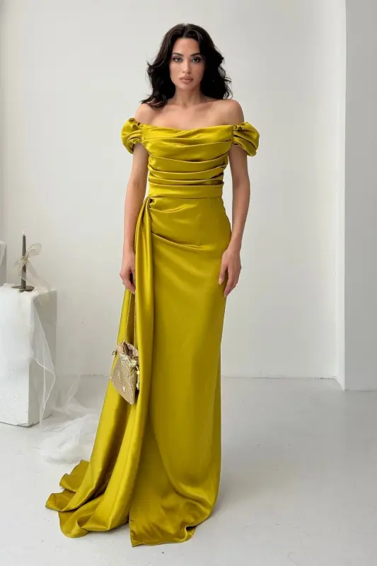 Off-Shoulder Draped Evening Dress-Mustard - SERICA MODA